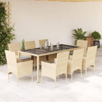Set de comedor de jardín 9 piezas con cojines de Polyrattan y mesa de vidrio beige