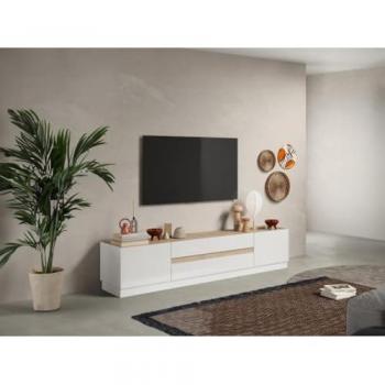 Mueble de TV con 2 puertas y 2 cajones - Blanco lacado y Natural - EMORA