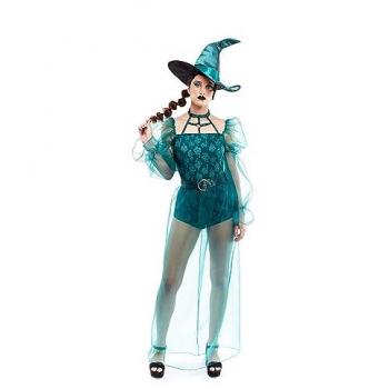 Disfraz de Bruja con Transparencias para Mujer - Talla L, color verde, incluye detalles en transparencias, ideal para Halloween y fiestas de carnaval