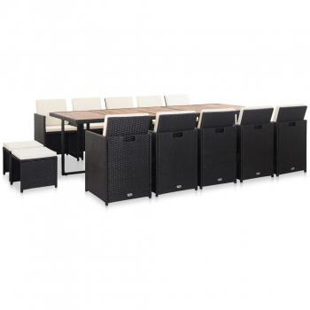Set de Comedor de Jardín 15 Piezas con Cojines de Polyrattan Negro