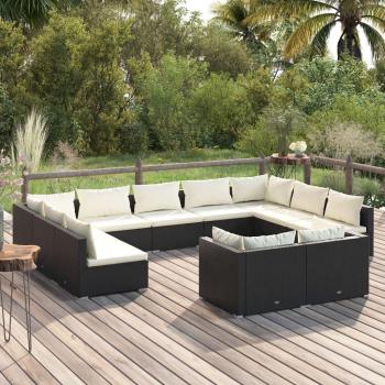 Set de muebles de jardín 11 PCs con almohadas de Polyrattan negro