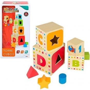 WOOMAX-Torre 4 cubos madera 37 cm y 4 figuras geométricas, colores parchís,