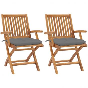 Teak Wood Garden Chairs Set with Grey Cushions - 2 Pieces