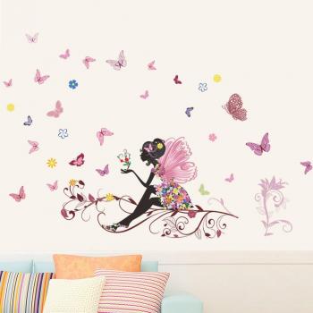 Wallpark Romántico Rosa Flor Hada Niña Liberación Mariposas Desmontable Pegatinas de Pared Etiqueta de la Pared, Sala Bebé Niños Hogar Infantiles Dormitorio Vivero Decorativas DIY Arte Murales