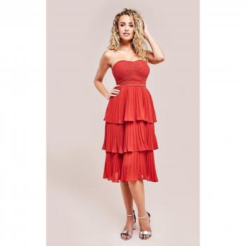 Goddiva Pleated Bandeau Bodice Chiffon Tiered Midi Dress - Orange