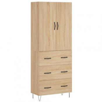 Aparador alto de madera contrachapada color roble 69,5x34x180 cm con 3 cajones, mueble de almacenaje para salón, buffet y armario auxiliar