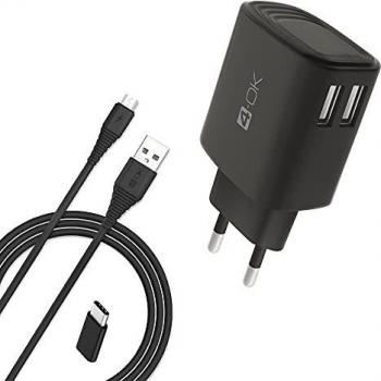 4-Ok Cargador USB Rapido 3.4 A. Cargador Red 220V Compatible con Apple, Samsung, Xiaomi, Huawei, Incluye Cable USB a Micro USB y Adaptador USB-C a Tipo C.