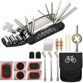 Tagvo Kit de herramientas para bicicleta, 16 en 1 Herramienta multifunción para bicicleta con kit de parche y palancas para neumáticos, Kit de herramientas para reparación de bicicletas, Paquete de he