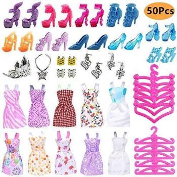 50PCS Ropa Zapatos y Accesorios para Muñeca con 10 Mini Vestidos de Moda, 10 Zapatos de París, 10 Perchas y 10 Joyas Pendientes Collar Accesorios para Muñecas de Juguete Niñas Regalo de Cumpleaños