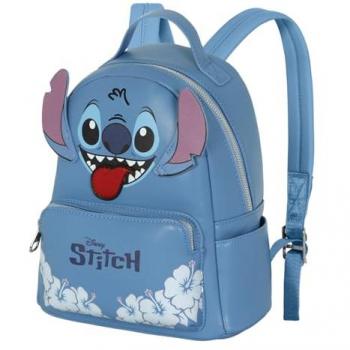 Mochila Disney Stitch 30cm con flores, regalo para coleccionistas, Karactermania Lilo y Stitch con lengua en la cabeza, Heady azul de 24.5 x 29 cm con capacidad de 8L