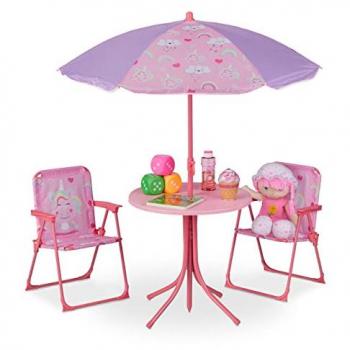 Conjunto Infantil de Jardín con Sombrilla, Sillas Plegables y Mesa, Unicornio Rosa - Relaxdays