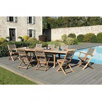Salón de Jardín Harris - Madera de Teca para 10/12 Personas - Mesa Rectangular Extensible, 6 Sillas y 2 Sillones Textilene Color Topo
