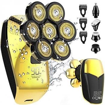 Afeitadora Electrica hombre,CHLANT Maquinillas de Afeitar Electricas con 7 Rotativa De Cabeza Calva 5 In 1 Húmedo & Seco Afeitadora Eléctrica con Pantalla LED, Impermeable y USB Recargable