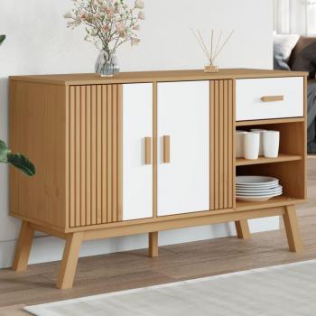 Aparador OLDEN de madera maciza de pino blanco y marrón, dimensiones 114x43x73,5cm, mueble de almacenaje para salón, buffet, armario auxiliar y armario de almacenamiento