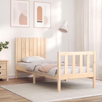 Cama individual de madera maciza con cabecero, lana redonda pequeña, color marrón