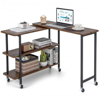 Walnut Rotatable L-Shaped End Table with Casters and Shelves