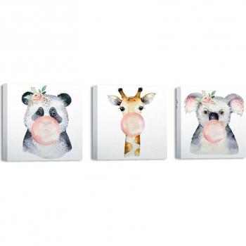 Cuadro Decorativo Infantil WELL HOME de Impresión Digital en Canvas con Diseño de Animales - 3 Piezas