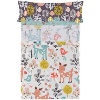 Juego de Sábanas Woodland 2 Piezas Multicolor, 100% Algodón, Calidad 150 TC, 160x270 cm (Cama 80/90), Fabricado en España