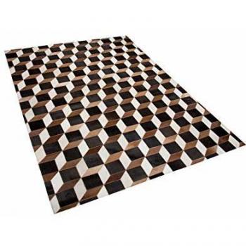 Alfombra de piel de vaca marrón y negra 140 x 200 cm, diseño patchwork moderno, patrón 3D, hecha a mano