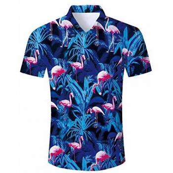 RAISEVERN Mens Hawaiian Shirt and Shorts Sets, Flamingo Leaf Print Beach Aloha Party Camp Holiday Casual
