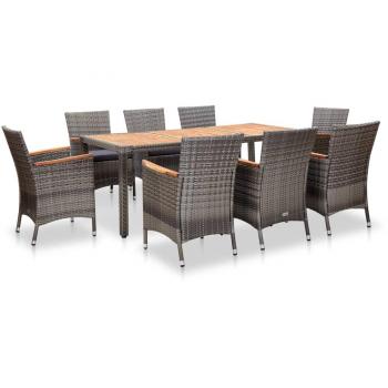 9-Piece Grey Poly Rattan Garden Dining Set with Cushions
