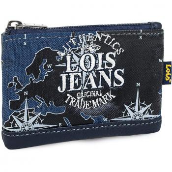 Lois - 12702 Cartera Monedero Billetero Tarjetero Unisex de Lona estamapada con Cremallera y Anilla para Llaves, Color Azul