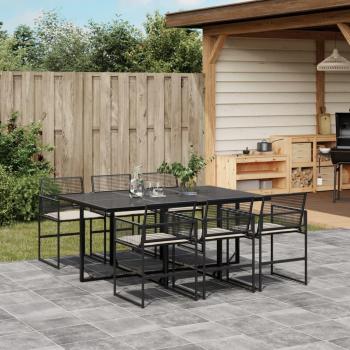 7-Piece Black Poly Rattan Garden Dining Set with Cushions