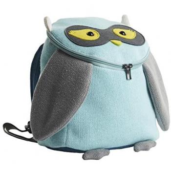 Mochila Escolar Infantil Tejida a Crochet Búho Turquesa y Gris - Dimensiones 25 x 27 x 13 cm, fabricada en algodón hipoalergénico, con cremallera de doble cierre,