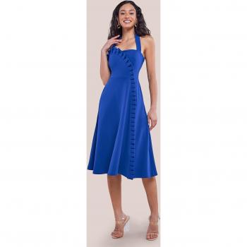 Royal Blue Frilled Halter Neck Midi Dress - Size 14 UK