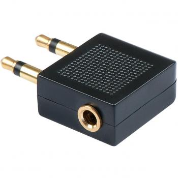 Adaptador de audio estéreo Lindy 35626, con 2 conectores macho de 3.5mm a 1 conector hembra de 3.5mm, color negro