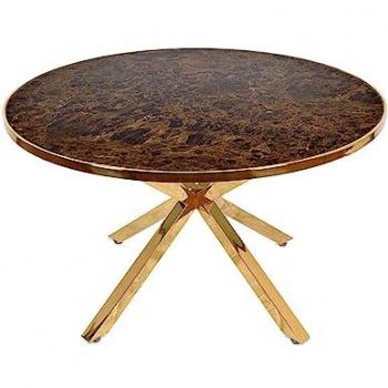 Mesa de Comedor Redonda Valeria 130x76 cm, Aspas Doradas, Tapa de Mármol Marrón, Acero y Cristal