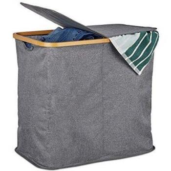 Cesto Plegable para Ropa Sucia con Tapa, de Bambú y Tela, 2 Compartimentos, 74L, Gris