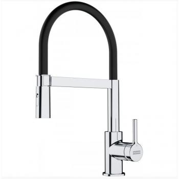 Grifo de cocina semiprofesional Franke Lina monomando cromo/negro con teleducha extraíble, sobre encimera, modelo 115.0626.085, dimensiones 205 x 410 mm