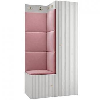 Conjunto de recibidor Hartford 390 - Muebles de aglomerado laminado y MDF, dimensiones 82x186x46cm, color rosa y blanco, incluye zapatero y perchero