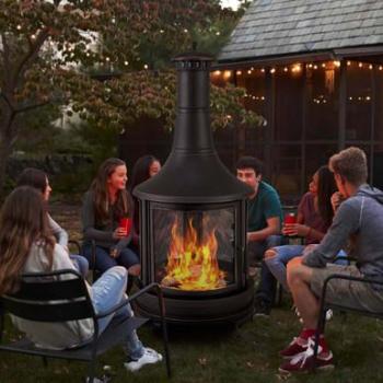 30-Inch Outdoor Metal Black Fire Pit Chiminea with Grill and Wood Burning Function