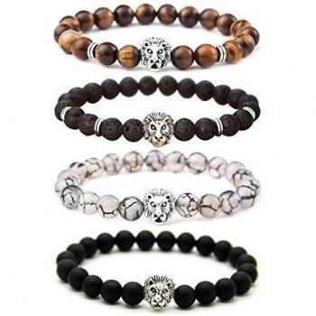 Jilin - Juego de pulseras unisex, piedra de lava, ágata negra mate, ágata vena de dragón, ojo de tigre, con cuentas, cabeza de león dorada y plateada