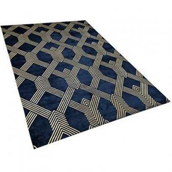 Alfombra Azul con Patrón Geométrico Dorado de Viscosa y Algodón 140 x 200 cm Estilo Moderno Glamuroso