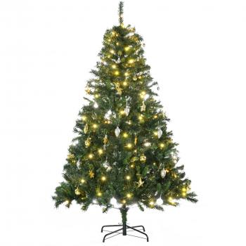 HOMCOM Árbol de Navidad Artificial 180 cm con Soporte Metálico, 745 Ramas, 200 Luces LED Blancas Cálidas, Adornos Incluidos, Verde PVC Ø112x180