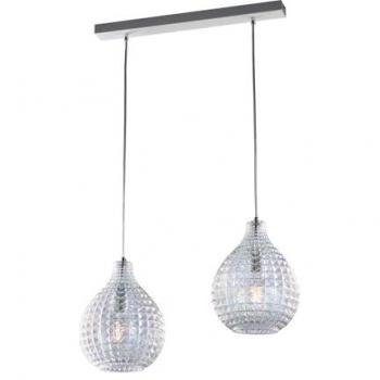 Lámpara de suspensión moderna de 2 luces con estructura de hierro blanco y vidrio soplado transparente