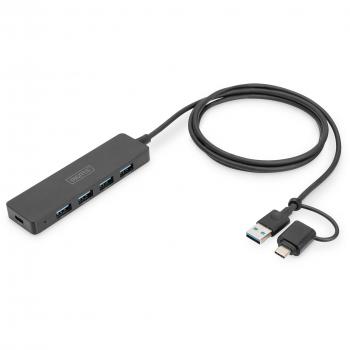 Hub USB 3.0 de 4 Puertos Slim Line con Adaptador USB-C, 12000 Mbit/s, Cable de 1.2 m - Negro