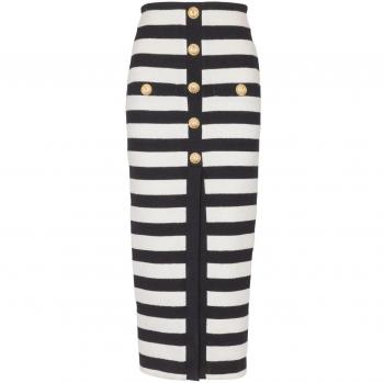 Balmain Women's Buttoned Striped Long Skirt in Black, Size 38, DF1LE480JI70EAB, Black Tweed Midi Skirt Striped, Sizes: S