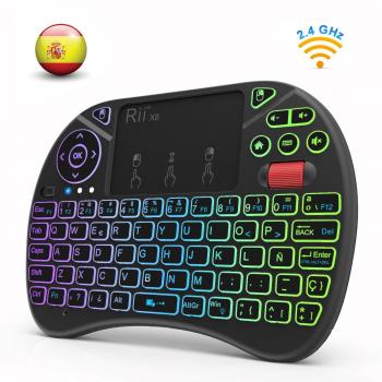 (Nueva versión) 2018 Rii X8 Mini Teclado inalámbrico, Teclado retroiluminado con Pantalla táctil 2.4GHz y Rueda de Scroll, Dispone de 8 Cambios de Color