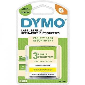 DYMO LetraTag Etiquetas Starter Pack con papel, plástico y metálicos | Blanco, Amarillo y Plata Metálica | auténtico | 12 mm x 4m Roll