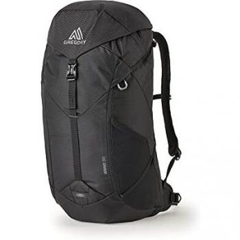 Mochila Gregory Arrio 30L negra, capacidad de 30 litros, diseño ligero y compacto, sistema de suspensión AirFlow para ventilación, compartimento principal con acceso superior, bolsillos laterales elásticos, correa para el pecho