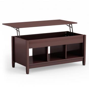 Costway Mesa Baja de Madera Elevable Multifuncional con 3 Repisas Abiertas para Salón, Superficie Elevable y Almacenamiento Escondido, Color Café, Dimensiones: 104,5 x 49 x