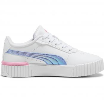 Zapatillas Puma Carina 2.0 Bouncy Sky PS para niña, blancas con detalles en lavanda y rosa, modelo casual y plano