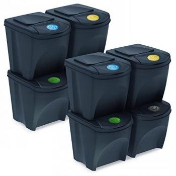 Set de 4 Cubos de Reciclaje 25L en Plástico Antracita para Papel, Vidrio, Plástico y Orgánico - Wellhome