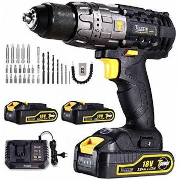 Taladro Atornillador 18V, TECCPO Taladro Percutor, 60 Nm, 30min Cargador Rapido, 2x 2.0AhBaterías Litio 18V, 13 mm Mandril Portabrocas Automatico,Taladro con Percusión-TDHD01P