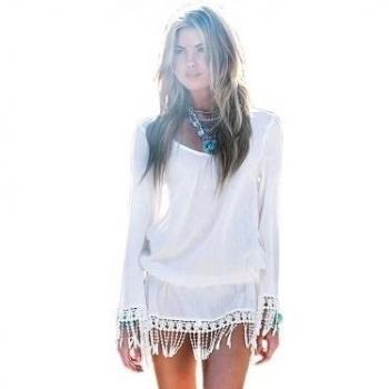 Nuevas señoras blanco Boho Tassle Cover Up de baño festival Wear playa verano desgaste 10 - 12