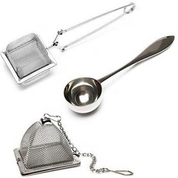 Juego de 2 infusores y 1 cuchara de té - Acero inoxidable, filtro de té, colador de té, Infusor de té cuadrado, infusor de té triangular y cuchara de té perfecta - Fabricante de té duradero